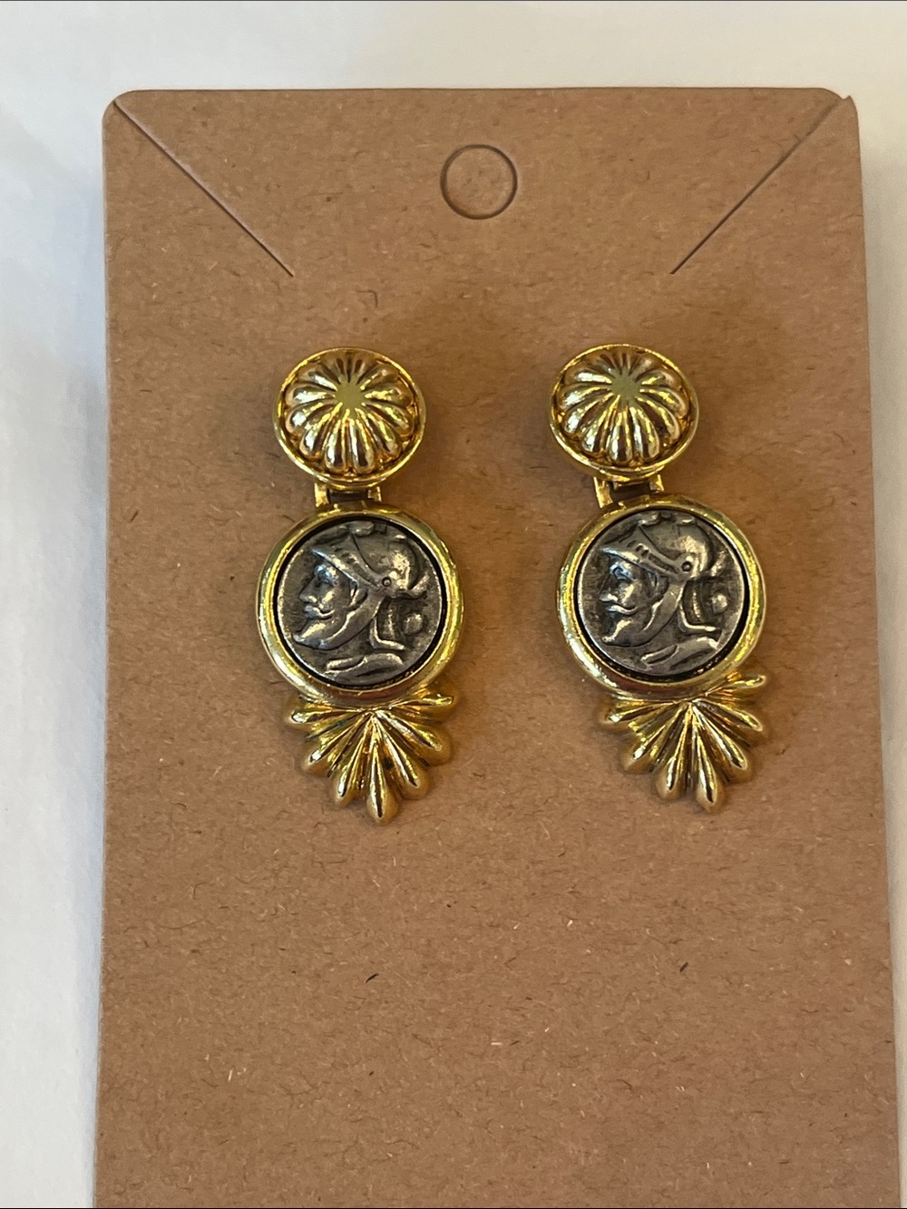Roman faux coin post gold and silver toned earrings